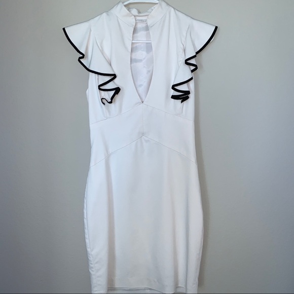 White Ruffle Keyhole Eva  Work Office Midi Dress - Picture 4 of 13